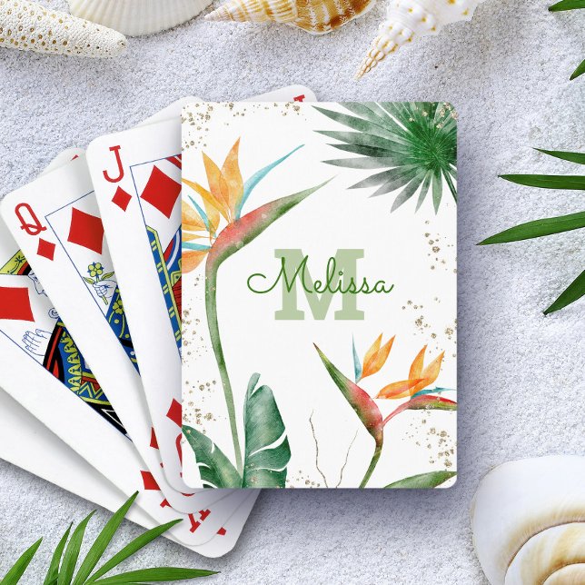 Baraja De Cartas Isla Tropical Blanca Floral Monograma Script Gold (Subido por el creador)