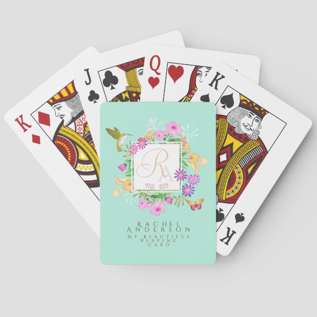 Baraja De Cartas Jardín floral Aqua Monograma (Reverso)