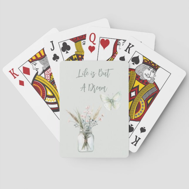 Baraja De Cartas Jarrón de flores azules con mariposa sonrojada (Reverso)