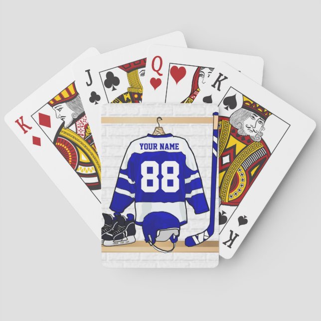 Baraja De Cartas Jersey azul y blanco personalizado del hockey (Reverso)