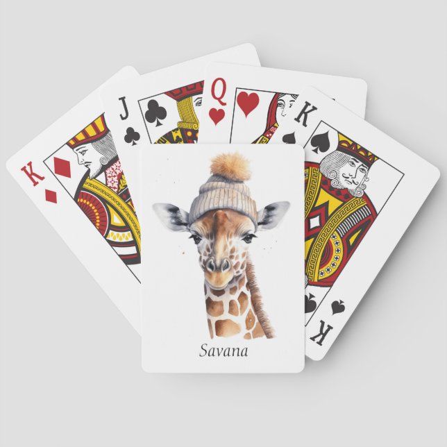 Baraja De Cartas Jirafa con sombrero de invierno personalizable  (Reverso)