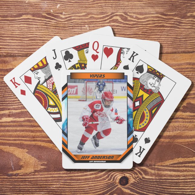 Baraja De Cartas Jugador De Hockey Sobre Hielo Mantente En Personal (Capture the excitement of the ice hockey sport with this dynamic and customizable orange,blue design)