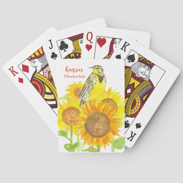 Baraja De Cartas Kansas Souvenir Meadowlark Bird Sunflowers (Reverso)
