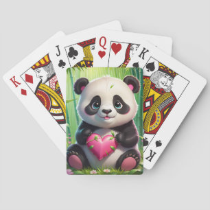 Baraja De Cartas Kawaii Panda sosteniendo el corazón en un bosque d