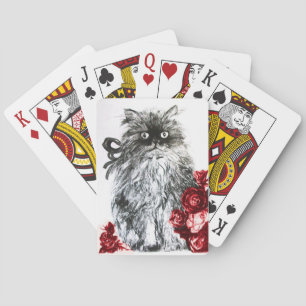Baraja De Cartas KITTEN CON ROSAS ROJAS, blanco y negro