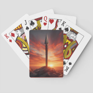 Baraja De Cartas Lanza épica en un paisaje místico de puesta de sol