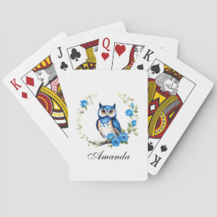 Baraja De Cartas Lechuza azul acuarela y Rosas Girly