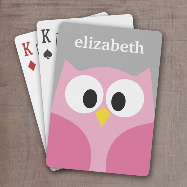 Baraja De Cartas Lechuza Personalizado pequeña - Nombre personaliza (Cute Personalized playing cards with a cartoon owl and a monogram or name)