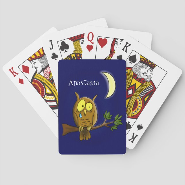 Baraja De Cartas Lechuza triste con lágrimas y luna le echa de meno (Reverso)