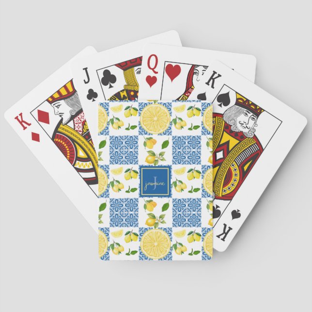 Baraja De Cartas Lemon Monogram Name French Country Tile Pattern (Reverso)