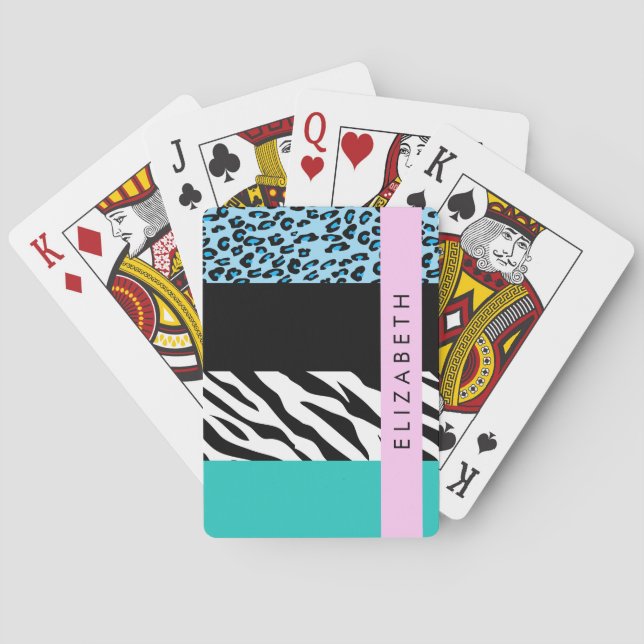 Baraja De Cartas Leopard Print, Zebra Print, Blue, Your Name (Reverso)