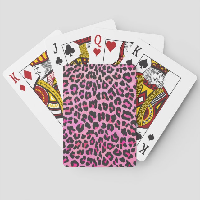 Baraja De Cartas Leopardo de impresión negro y rosa caliente (Reverso)