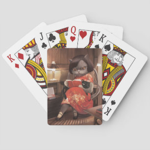 Baraja De Cartas Leyendo gato en Cheongsam
