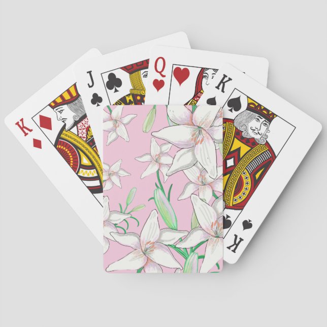 Baraja De Cartas Lillies blancos sobre el Ilustracion de fondo rosa (Reverso)