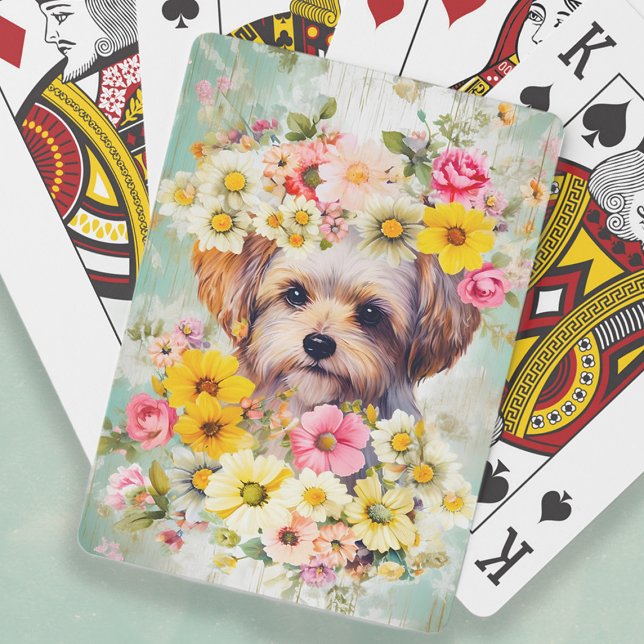 Baraja De Cartas Lindo perro maltés con flores Chic Shabby (Maltese dog shabby chic floral playing cards)