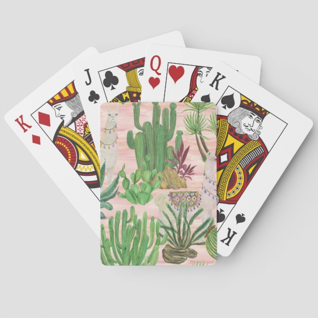 Baraja De Cartas Llamas acuarelas y patrones de cactus. (Reverso)