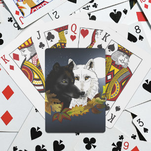 Baraja De Cartas Lobos Blancos Negros Claro de Luna Hojas de Otoño