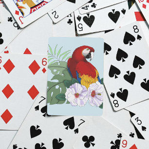 Baraja De Cartas Loro Guacamayo Rojo Floral Hibisco Tropical Blanco