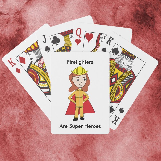 Baraja De Cartas Los bomberos son super héroes, una mujer graciosa (A deck of playing cards featuring a woman firefighter and the text, "Firefighters Are Super Heroes".)