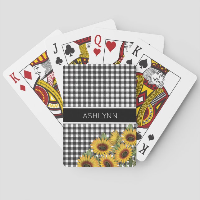 Baraja De Cartas Los girasoles de Gingham blanco negro (Reverso)