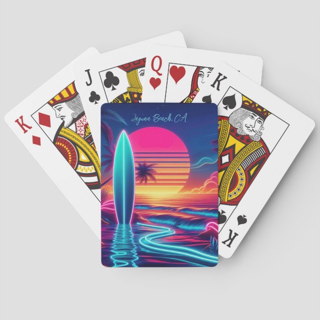 Baraja De Cartas Luces de neón de la tabla de surf del atardecer- (Reverso)