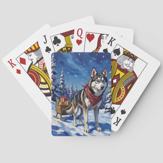 Baraja De Cartas Majestic Siberian Husky Pulling Christmas Sled (Reverso)