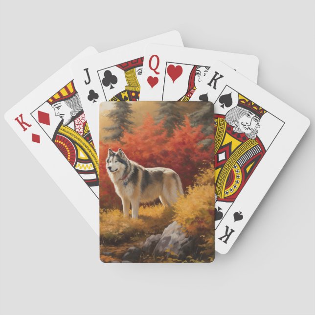 Baraja De Cartas Malamute de Alaska en hojas de otoño se inspira (Reverso)
