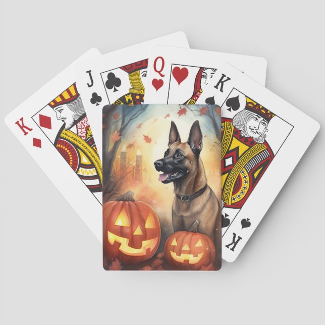 Baraja De Cartas Malinoi belga de Halloween con calabazas temerosas (Reverso)