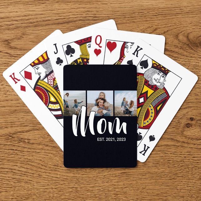 Baraja De Cartas Mamá Estableció Moderno Script Negrita Negro 3 Fot (Mom Established Modern Bold Script Black 3 Photo Poker Cards)