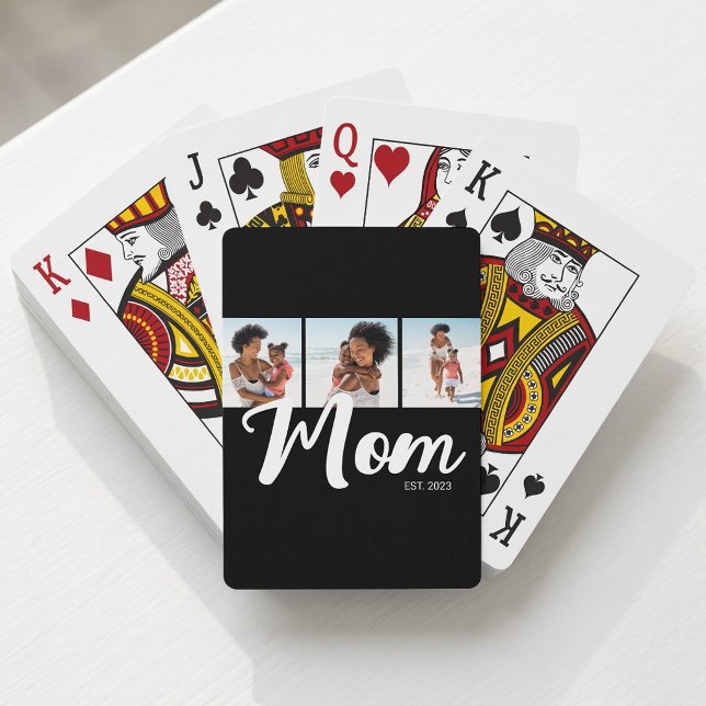 Baraja De Cartas Mamá Estableció Moderno Script Negro Negrita 3 Fot (Mom Established Modern Bold Script Black 3 Photo Poker Cards)