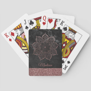 Baraja De Cartas Mandala de purpurina dorada rosa falsa sobre mármo