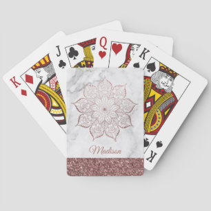 Baraja De Cartas Mandala de purpurina dorada rosa falsa sobre mármo