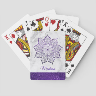Baraja De Cartas Mándala de purpurina falsa morada sobre mármol bla