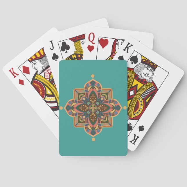Baraja De Cartas Mándala melocotón con fondo verde (Reverso)