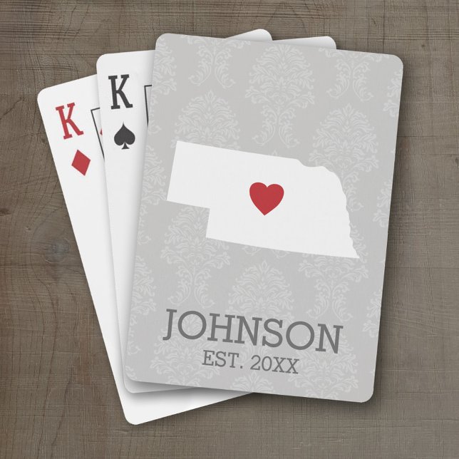 Baraja De Cartas Mapa del estado del hogar Arte - Nombre personaliz (Personalized Playing Cards with a State Map, Movable Heart and Name)