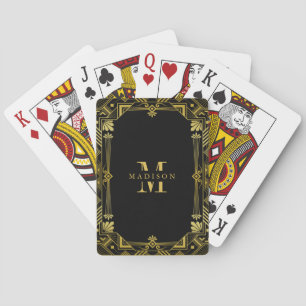 Baraja De Cartas Marco Art Decó Dorado Sobre Monograma Negro