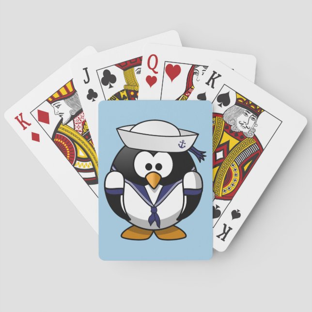 Baraja De Cartas Marinero lindo del pingüino del dibujo animado (Reverso)