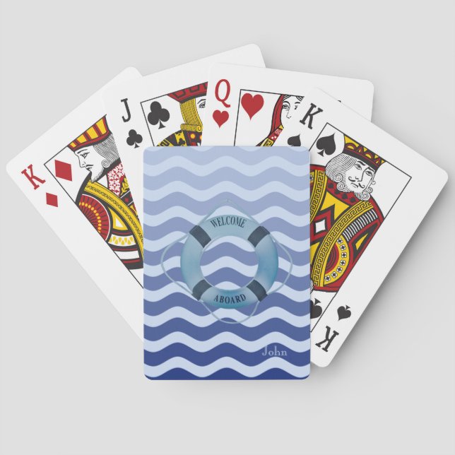 Baraja De Cartas Marinero Náutico Olas de Raya Azul Marino (Reverso)