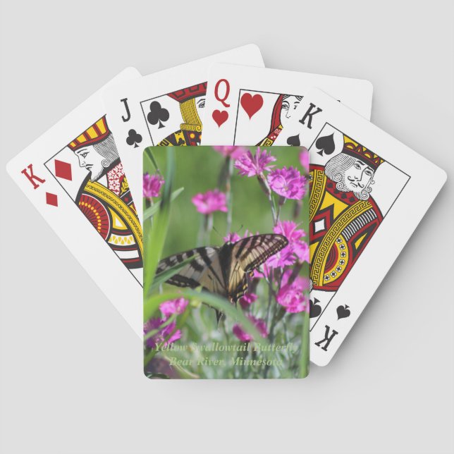 Baraja De Cartas Mariposa amarilla de Swallowtail y clavel rosado (Reverso)