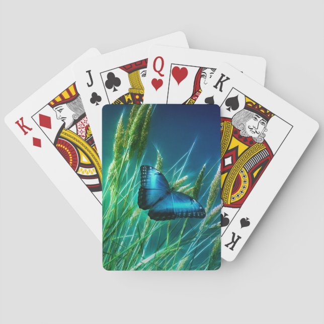 Baraja De Cartas Mariposa morfo azul en hierba verde (Reverso)