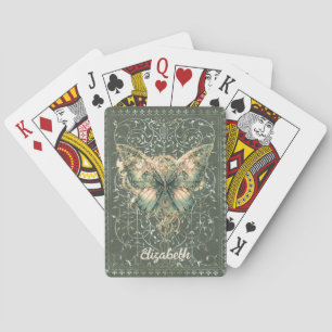 Baraja De Cartas Mariposa personalizada de fantasía verde steampunk