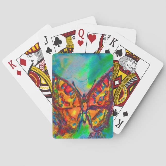 BARAJA DE CARTAS MARIPOSA ROJA EN DERRAMES DE ORO VERDE AZUL (Reverso)