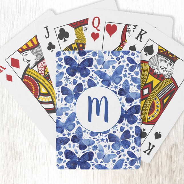 Baraja De Cartas Mariposas acuarela Monograma azul (Blue and white butterfly watercolor monogram initial personalized playing cards)