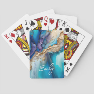 Baraja De Cartas Mármol Azul Dorado Nombre Personalizado Script