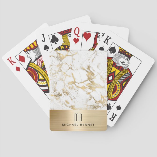Baraja De Cartas Mármol blanco dorado monogramado elegante (Reverso)