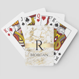 Baraja De Cartas Mármol Blanco y Dorado Barra Dorada, Monograma de