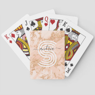 Baraja De Cartas Mármol brillo oro rosa, nombre en letra cursiva mo
