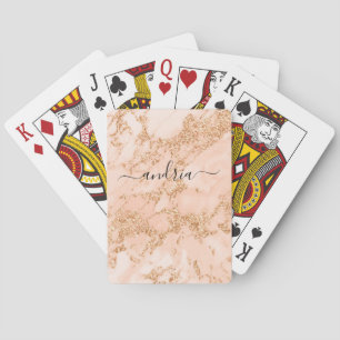 Baraja De Cartas Mármol Brillo Rosa Dorado, Nombre en Letra Script