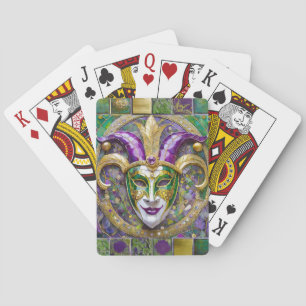 Baraja De Cartas Máscara de bufón de Mardi Gras verde púrpura dorad