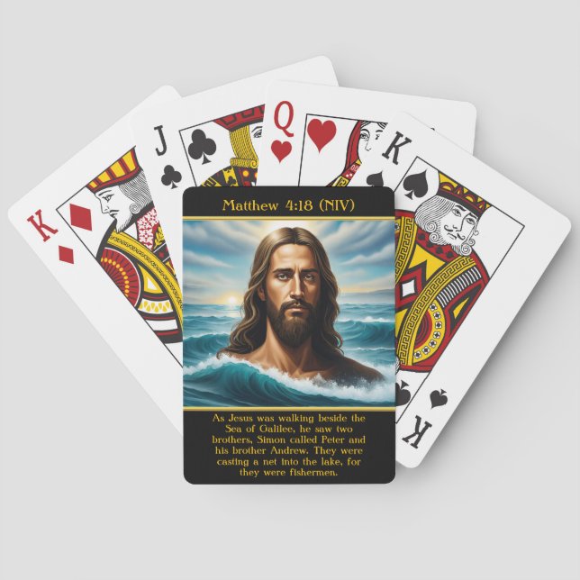 Baraja De Cartas Mateo 4:18 Jesús por un océano tranquilo en acuare (Reverso)